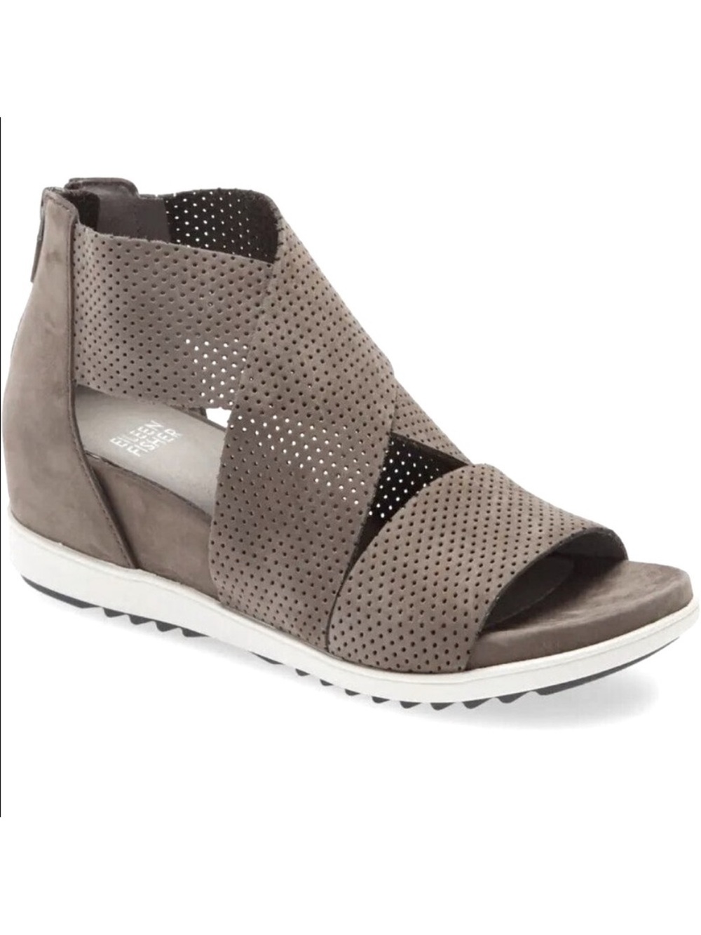 Eileen Fisher gray voice sport perforated nubuck leather wedge sandals 9